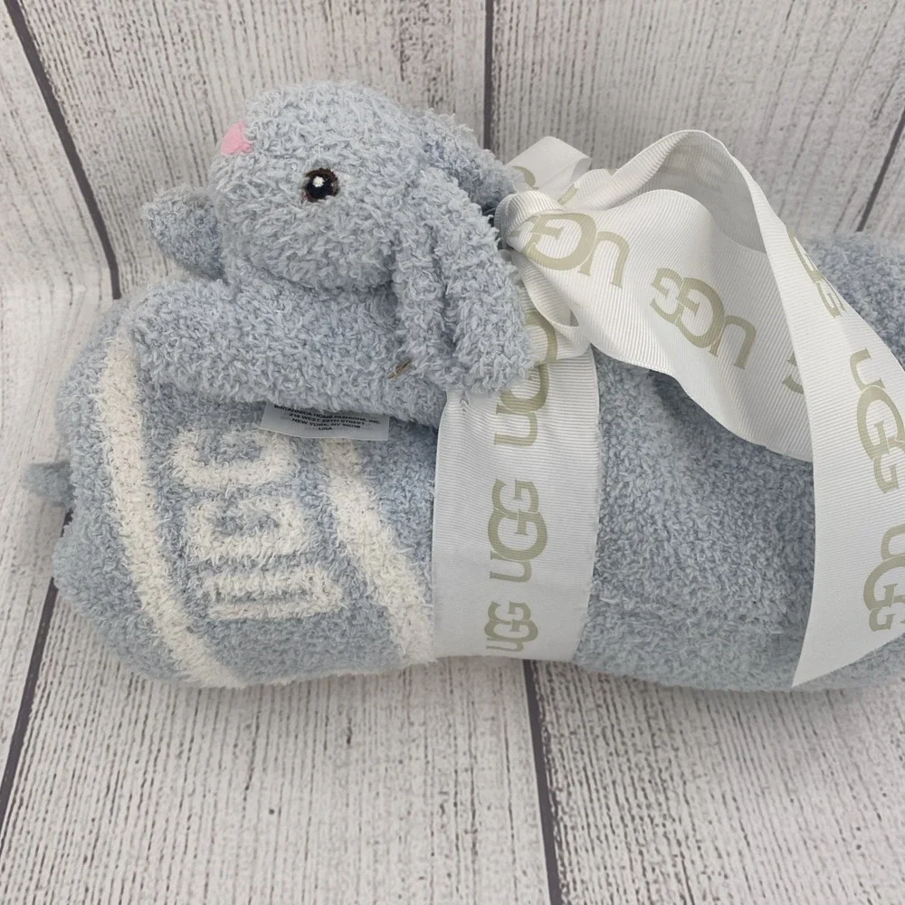 Ugg Bunny Rattle Baby Blanket (30x40) Gift Set Sky Blue Plush Soft Michelle